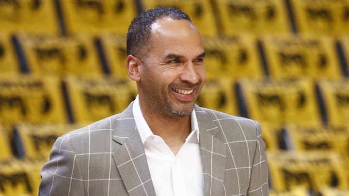 Apr 18, 2025; Memphis, Tennessee, USA; Dallas Mavericks general manager Nico Harrison watches warm ups prior to a game against the Memphis Grizzlies at FedExForum. Mandatory Credit: Petre Thomas-Imagn Images Apr 18, 2025; Memphis, Tennessee, USA; Dallas Mavericks general manager Nico Harrison watches warm ups prior to a game against the Memphis Grizzlies at FedExForum. Mandatory Credit: Petre Thomas-Imagn Images