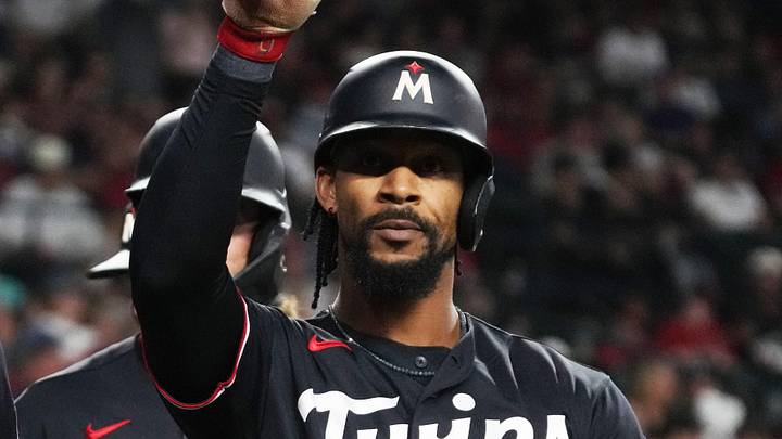 Jun 20, 2026; Phoenix, Arizona, USA; Minnesota Twins center fielder Byron Buxton (25) reacts after hitting a grand slam against  the Arizona Diamondbacks in the fifth inning at Chase Field. Mandatory Credit: Rick Scuteri-Imagn Images