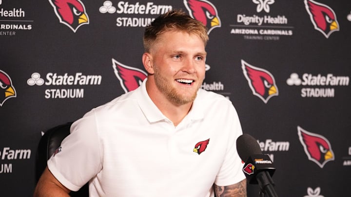 Arizona Cardinals tight end Trey McBride speaks with the media.