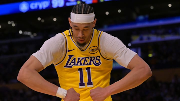 Mar 30, 2026; Los Angeles, California, USA; Los Angeles Lakers center Jaxson Hayes (11) reacts after a basket in the second half against the Washington Wizards at Crypto.com Arena. Mandatory Credit: Jayne Kamin-Oncea-Imagn Images