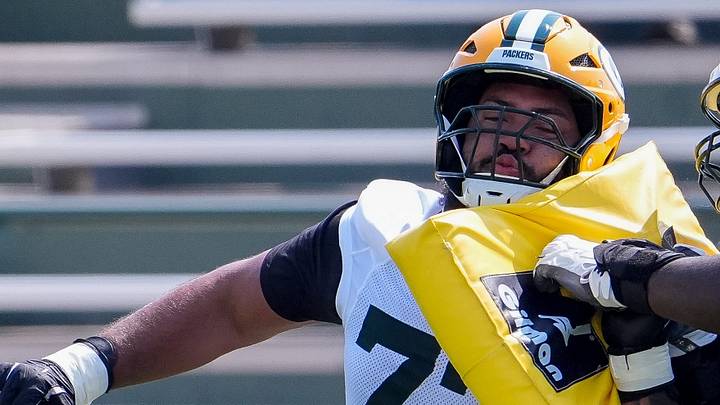 Green Bay Packers offensive tackle Jordan Morgan works on his blocking technique at training camp. Green Bay Packers offensive tackle Jordan Morgan works on his blocking technique at training camp.