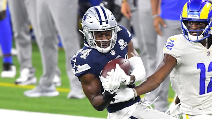 Sep 13, 2020; Inglewood, California, USA; Dallas Cowboys cornerback Chidobe Awuzie (24) hangs on to