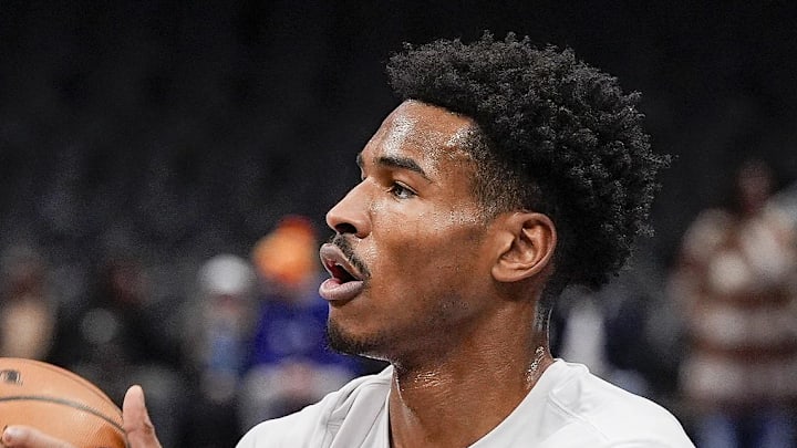 Toronto Raptors guard Ochai Agbaji shoots the ball during pregame warmups against the Charlotte Hornets.