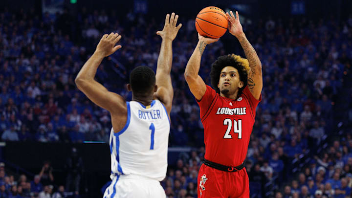Dec 14, 2024; Lexington, Kentucky, USA; Louisville Cardinals guard Chucky Hepburn (24) shoots the ball during the first half against the Kentucky Wildcats at Rupp Arena at Central Bank Center. Mandatory Credit: Jordan Prather-Imagn Images