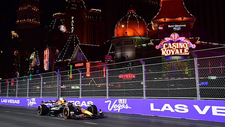 Nov 22, 2024; Las Vegas, Nevada, USA; Oracle Red Bull Racing driver Sergio Perez (11) during practice at Las Vegas Circuit. Mandatory Credit: Gary A. Vasquez-Imagn Images