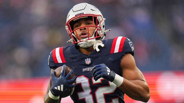 Jan 18, 2026; Foxborough, MA, USA; New England Patriots running back TreVeyon Henderson (32) warms up before an AFC Divisional Round game against the Houston Texans at Gillette Stadium. Mandatory Credit: David Butler II-Imagn Images