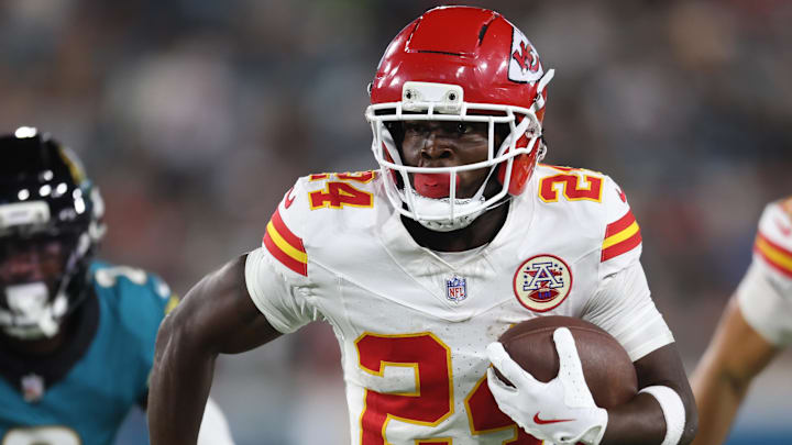 Oct 6, 2025; Jacksonville, Florida, USA; Kansas City Chiefs running back Brashard Smith (24) runs during the second half against the Jacksonville Jaguars at EverBank Stadium. Mandatory Credit: Morgan Tencza-Imagn Images