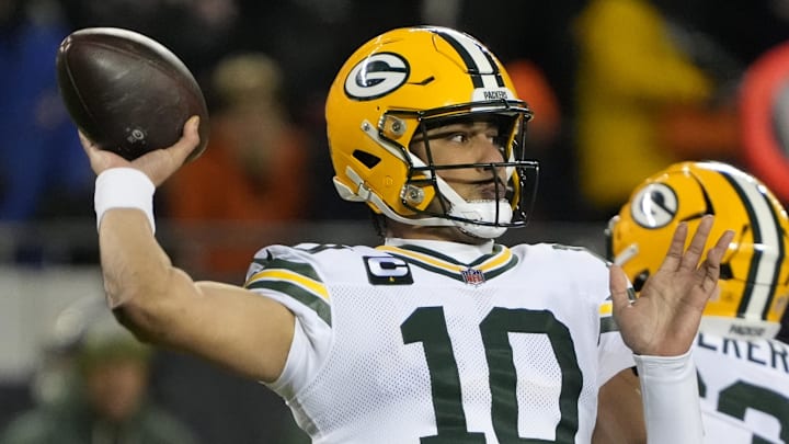 Green Bay Packers quarterback Jordan Love (10) stands in the pocket against the Chicago Bears during their playoff game.