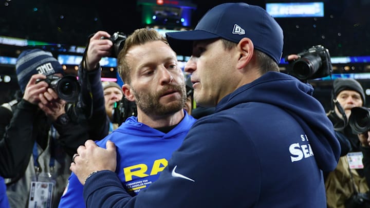 Jan 25, 2026; Seattle, WA, USA; Seattle Seahawks head coach Mike MacDonald greets Los Angeles Rams head coach Sean McVay on field after the 2026 NFC Championship Game at Lumen Field. Mandatory Credit: Kevin Ng-Imagn Images