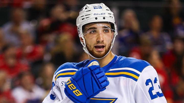 Mar 18, 2026; Calgary, Alberta, CAN; St. Louis Blues defenseman Logan Mailloux (23) against the Calgary Flames during the third period at Scotiabank Saddledome. Mandatory Credit: Sergei Belski-Imagn Images Mar 18, 2026; Calgary, Alberta, CAN; St. Louis Blues defenseman Logan Mailloux (23) against the Calgary Flames during the third period at Scotiabank Saddledome. Mandatory Credit: Sergei Belski-Imagn Images