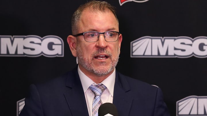 Nov 30, 2021; Newark, New Jersey, USA; New Jersey Devils executive vice president/general managerTom Fitzgerald, addresses the media about the contract extension of New Jersey Devils center Jack Hughes (86) before the start of the game against the San Jose Sharks at Prudential Center. Mandatory Credit: Tom Horak-Imagn Images