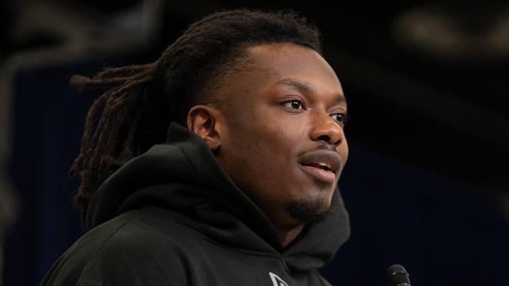 Feb 27, 2026; Indianapolis, IN, USA; Oregon running back Noah Whittington (RB21) speaks to members of the media during the NFL Combine at the Indiana Convention Center. Mandatory Credit: Jacob Musselman-Imagn Images