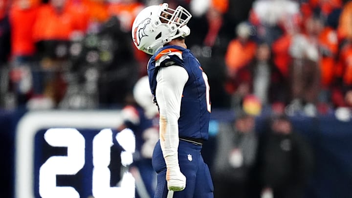 Dec 2, 2024; Denver, Colorado, USA; Denver Broncos linebacker Jonathon Cooper (0) celebrates a defensive touchdown scored by linebacker Nik Bonitto (15) (not pictured) in the second quarter against the Cleveland Browns at Empower Field at Mile High. Dec 2, 2024; Denver, Colorado, USA; Denver Broncos linebacker Jonathon Cooper (0) celebrates a defensive touchdown scored by linebacker Nik Bonitto (15) (not pictured) in the second quarter against the Cleveland Browns at Empower Field at Mile High.