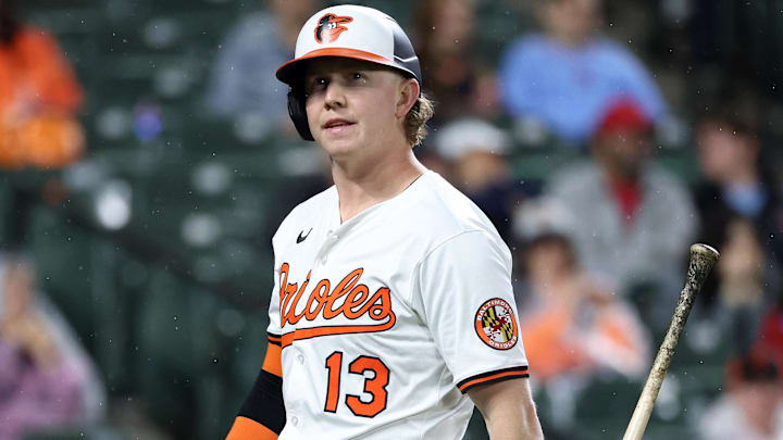 May 27, 2025; Baltimore, Maryland, USA; Baltimore Orioles outfielder Heston Kjerstad (13) looks on during the sixth inning against the St. Louis Cardinals at Oriole Park at Camden Yards