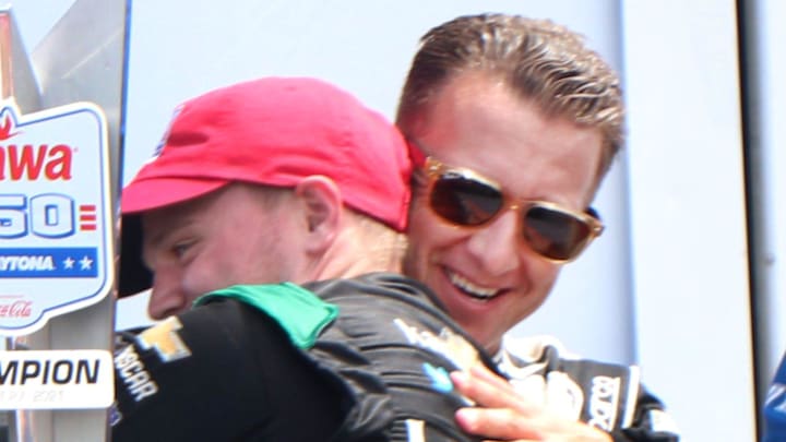 Justin Haley gets a hug from A.J. Allmendinger following a win in the 2021 Wawa 250 at Daytona International Speedway. Justin Haley gets a hug from A.J. Allmendinger following a win in the 2021 Wawa 250 at Daytona International Speedway.