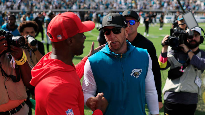 Jacksonville Jaguars head coach Liam Coen greets Houston Texans head coach DeMeco Ryans after the game of an NFL football matchup at EverBank Stadium, Sunday, Sept. 21, 2025, in Jacksonville, Fla. The Jaguars defeated the Texans 17-10.