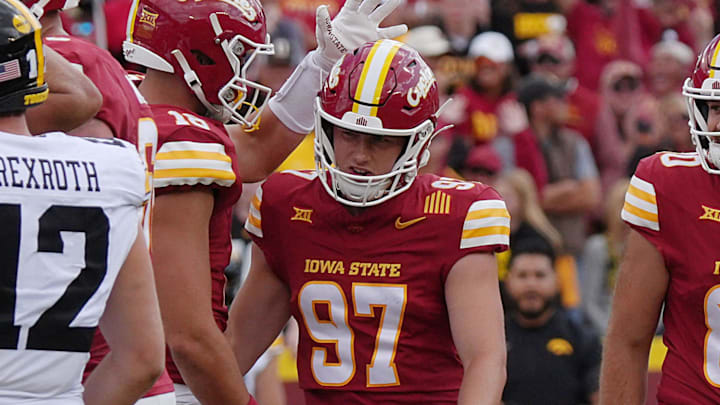 Iowa State Cyclones' kicker Kyle Konrardy (97) celebrates with team after a game winning field goal against Iowa during the fourth quarter in the Cy-Hawk football at Jack Trice Stadium on Sept. 6, 2025, in Ames, Iowa