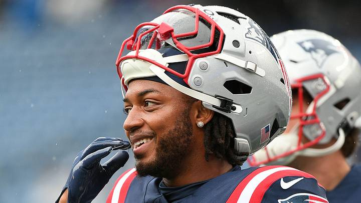 Sep 7, 2025; Foxborough, Massachusetts, USA; New England Patriots running back Antonio Gibson (4) practices before the game against the Las Vegas Raiders at Gillette Stadium. Mandatory Credit: Bob DeChiara-Imagn Images