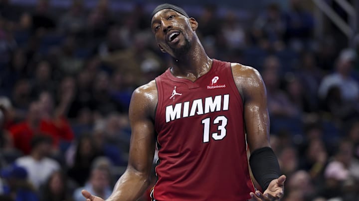 Miami Heat center Bam Adebayo (13) reacts (Mandatory Credit: Nathan Ray Seebeck-Imagn Images)