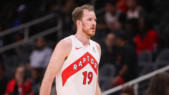 Oct 22, 2025; Atlanta, Georgia, USA; Toronto Raptors center Jakob Poeltl (19) in action against the Atlanta Hawks in the fourth quarter at State Farm Arena. Mandatory Credit: Brett Davis-Imagn Images