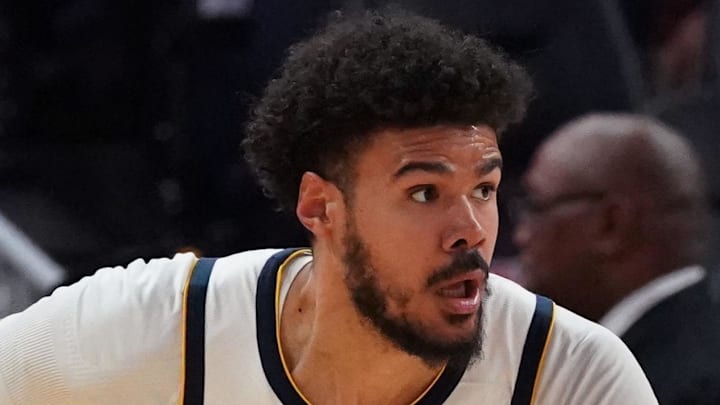 Feb 22, 2026; San Francisco, California, USA;  Denver Nuggets forward Cameron Johnson (23) dribbles upcourt against the Golden State Warriors in the third quarter at Chase Center. Mandatory Credit: David Gonzales-Imagn Images