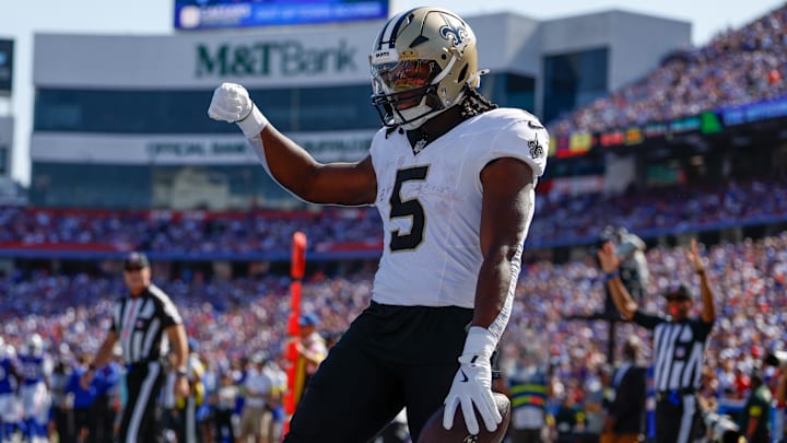 New Orleans Saints running back Kendre Miller (5) celabrates a touchdown against the Buffalo Bills on Sep. 28, 2025.