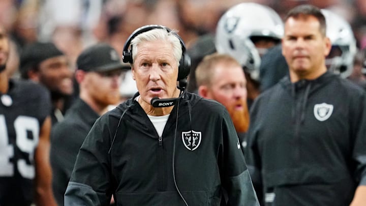 Oct 12, 2025; Paradise, Nevada, USA; Las Vegas Raiders head coach Pete Carroll reacts on the sidelines during the second half against the Tennessee Titans at Allegiant Stadium. Mandatory Credit: Stephen R. Sylvanie-Imagn Images Oct 12, 2025; Paradise, Nevada, USA; Las Vegas Raiders head coach Pete Carroll reacts on the sidelines during the second half against the Tennessee Titans at Allegiant Stadium. Mandatory Credit: Stephen R. Sylvanie-Imagn Images