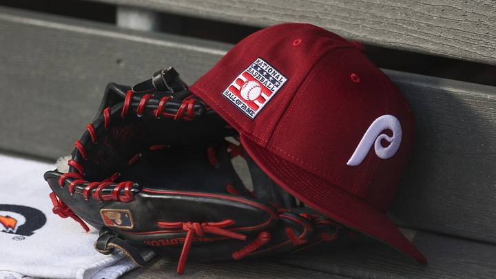 Jul 25, 2025; Bronx, New York, USA; A detailed view of a Hall of Fame patch on a Philadelphia Phillies hat resting in the dugout during the second inning against the New York Yankees at Yankee Stadium. Jul 25, 2025; Bronx, New York, USA; A detailed view of a Hall of Fame patch on a Philadelphia Phillies hat resting in the dugout during the second inning against the New York Yankees at Yankee Stadium.