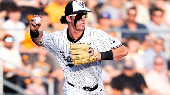 Vanderbilt's Brodie Johnston (9) throws to second base during a college baseball game between Tennessee and Vanderbilt at Lindsey Nelson Stadium in Knoxville, Tenn., on May 9, 2025.