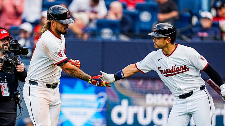 Cleveland Guardians shortstop Gabriel Arias (13) is congratulated by Steven Kwan on his homer during the home opening game against the Chicago Cubs, April 4, 2026, at Progressive Field in Cleveland, Ohio. Cleveland Guardians shortstop Gabriel Arias (13) is congratulated by Steven Kwan on his homer during the home opening game against the Chicago Cubs, April 4, 2026, at Progressive Field in Cleveland, Ohio.