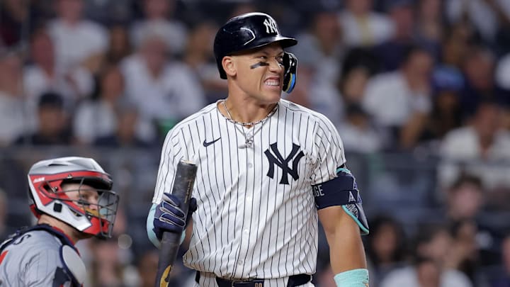 Aug 11, 2025; Bronx, New York, USA; New York Yankees designated hitter Aaron Judge (99) reacts after striking out during the fifth inning against the Minnesota Twins at Yankee Stadium. Mandatory Credit: Brad Penner-Imagn Images
