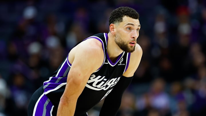 Jan 14, 2026; Sacramento, California, USA; Sacramento Kings guard Zach LaVine (8) looks on during the third quarter against the New York Knicks at Golden 1 Center.