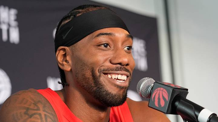 Sep 28, 2026; Toronto, ON, Canada;  Toronto Raptors forward Kawhi Leonard (2) talks to the media during Toronto Raptors-Media Day at Hotel-X.  Mandatory Credit: John E. Sokolowski-Imagn Images