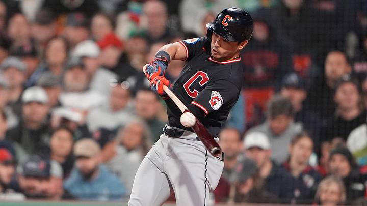 Sep 23, 2026; Boston, Massachusetts, USA; Cleveland Guardians left fielder Steven Kwan (38) hits a single against the Boston Red Sox during the fourth inning at Fenway Park. Mandatory Credit: Gregory Fisher-Imagn Images Sep 23, 2026; Boston, Massachusetts, USA; Cleveland Guardians left fielder Steven Kwan (38) hits a single against the Boston Red Sox during the fourth inning at Fenway Park. Mandatory Credit: Gregory Fisher-Imagn Images