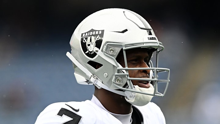 Sep 7, 2025; Foxborough, Massachusetts, USA; Las Vegas Raiders quarterback Geno Smith (7) practices before the game against the New England Patriots at Gillette Stadium. Mandatory Credit: Brian Fluharty-Imagn Images