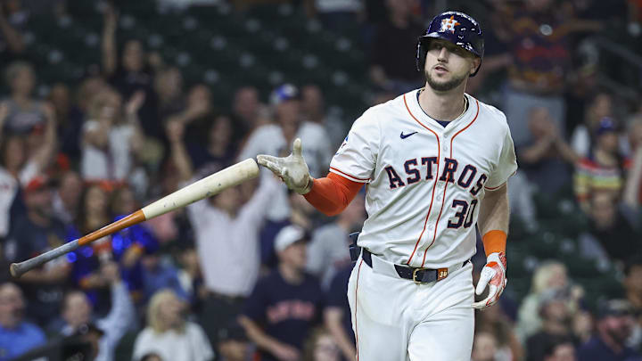 May 1, 2024; Houston, Texas, USA;  Houston Astros right fielder Kyle Tucker (30) tosses his bat after hitting a home run during the seventh inning against the Cleveland Guardians at Minute Maid Park