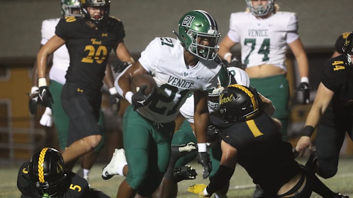 Action from a high school football game between Bishop Verot and Venice at Bishop Verot on Friday, Sept. 6, 2024. Venice won the offensive slugfest. Action from a high school football game between Bishop Verot and Venice at Bishop Verot on Friday, Sept. 6, 2024. Venice won the offensive slugfest.