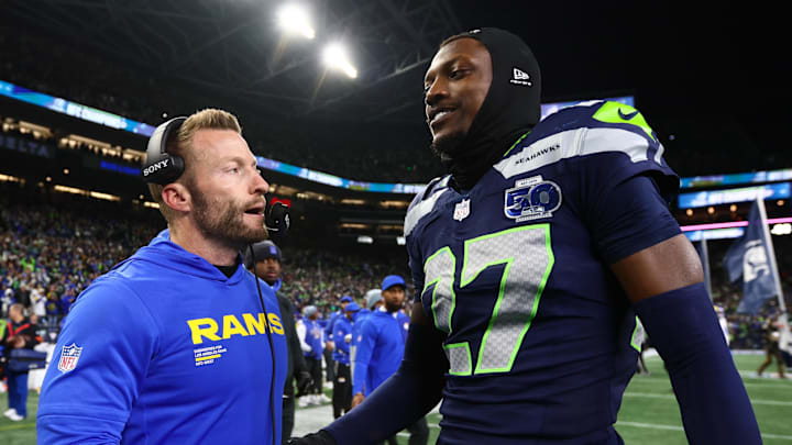 Jan 25, 2026; Seattle, WA, USA; Los Angeles Rams head coach Sean McVay greets Seattle Seahawks cornerback Riq Woolen (27) after the 2026 NFC Championship Game at Lumen Field. Mandatory Credit: Kevin Ng-Imagn Images