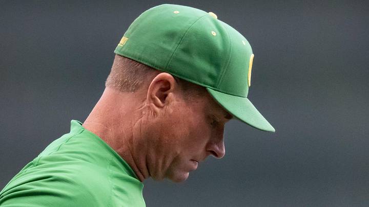 Oregon head coach Mark Wasikowski walks the field before the game as the Oregon Ducks host the USC Trojans on May 14, 2026, in Eugene, Oregon.