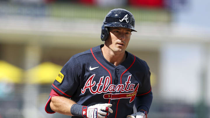 Mar 7, 2026; North Port, Florida, USA; Atlanta Braves left fielder Mike Yastrzemski (18) runs the bases after hitting a home run against the Baltimore Orioles in the sixth inning during spring Training at CoolToday Park. Mandatory Credit: Nathan Ray Seebeck-Imagn Images Mar 7, 2026; North Port, Florida, USA; Atlanta Braves left fielder Mike Yastrzemski (18) runs the bases after hitting a home run against the Baltimore Orioles in the sixth inning during spring Training at CoolToday Park. Mandatory Credit: Nathan Ray Seebeck-Imagn Images