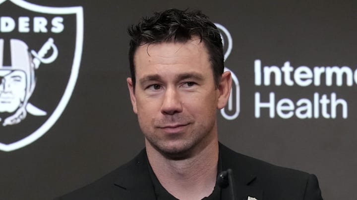 Apr 24, 2026; Henderson, NV, USA; Las Vegas Raiders coach Klint Kubiak at press conference at Intermountain Health Performance Center. Mandatory Credit: Kirby Lee-Imagn Images