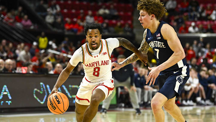 Maryland Terrapins guard David Coit (8) drives to the basket on Penn State Nittany Lions guard Dominick Stewart (7) during the second half at Xfinity Center. 