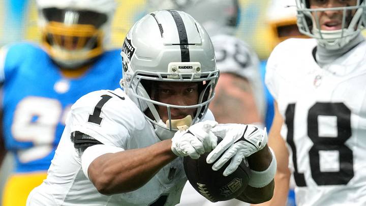 Sep 20, 2026; Inglewood, California, USA; Las Vegas Raiders wide receiver Tre Tucker (1) celebrates after a first down against the Los Angeles Chargers during the first half at SoFi Stadium. Mandatory Credit: Kirby Lee-Imagn Images Sep 20, 2026; Inglewood, California, USA; Las Vegas Raiders wide receiver Tre Tucker (1) celebrates after a first down against the Los Angeles Chargers during the first half at SoFi Stadium. Mandatory Credit: Kirby Lee-Imagn Images