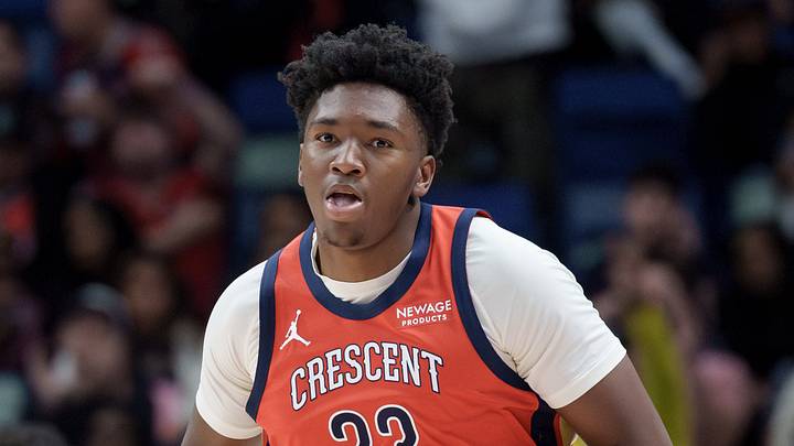 Mar 19, 2026; New Orleans, Louisiana, USA; New Orleans Pelicans center Derik Queen (22) reacts after a three point basket against the LA Clippers during the second half at Smoothie King Center. Mandatory Credit: Matthew Hinton-Imagn Images