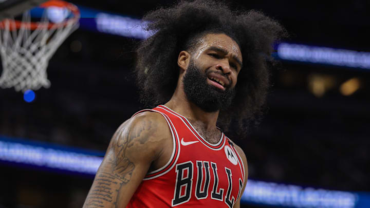 Mar 6, 2025; Orlando, Florida, USA; Chicago Bulls guard Coby White (0) reacts after a play against the Orlando Magic in the third quarter at Kia Center. Mandatory Credit: Nathan Ray Seebeck-Imagn Images