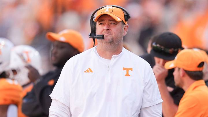 Tennessee coach Josh Heupel on the sidelines during a game between Tennessee and Alabama in Neyland Stadium in Knoxville, Tenn., Oct. 17, 2026.