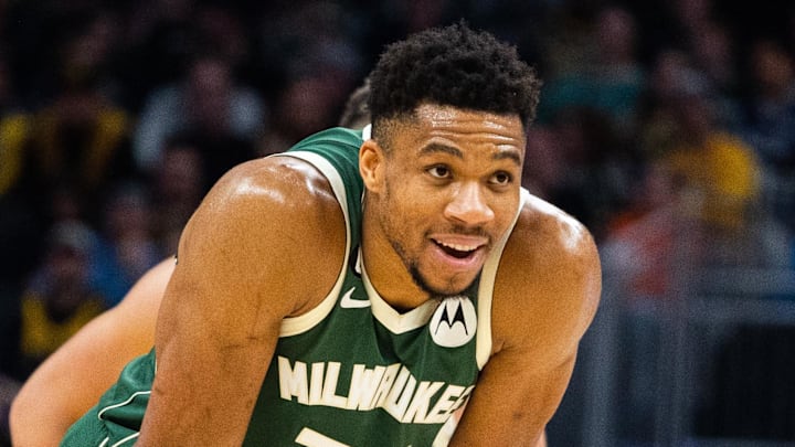 Milwaukee Bucks forward Giannis Antetokounmpo (34) reacts to a and one dunk in the second half against the Indiana Pacers at Gainbridge Fieldhouse on January 27, 2023.