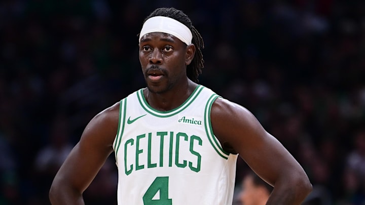 Nov 24, 2024; Boston, Massachusetts, USA; Boston Celtics guard Jrue Holiday (4) waits for game action to resume during the second half against the Minnesota Timberwolves at TD Garden. Mandatory Credit: Eric Canha-Imagn Images