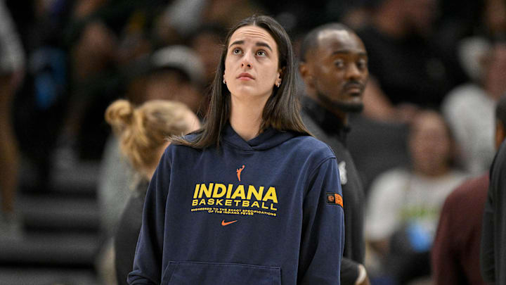 Aug 1, 2025; Dallas, Texas, USA; Indiana Fever guard Caitlin Clark (22) during the game between the Dallas Wings and the Indiana Fever at the American Airlines Center. Mandatory Credit: Jerome Miron-Imagn Images