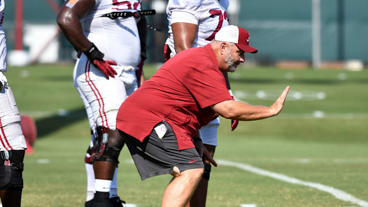 The Crimson Tide players and coaches continue working toward the season opener in practice Tuesday, Aug. 13, 2024. Alabama offensive line coach Chris Kapilovic directs his linemen. The Crimson Tide players and coaches continue working toward the season opener in practice Tuesday, Aug. 13, 2024. Alabama offensive line coach Chris Kapilovic directs his linemen.